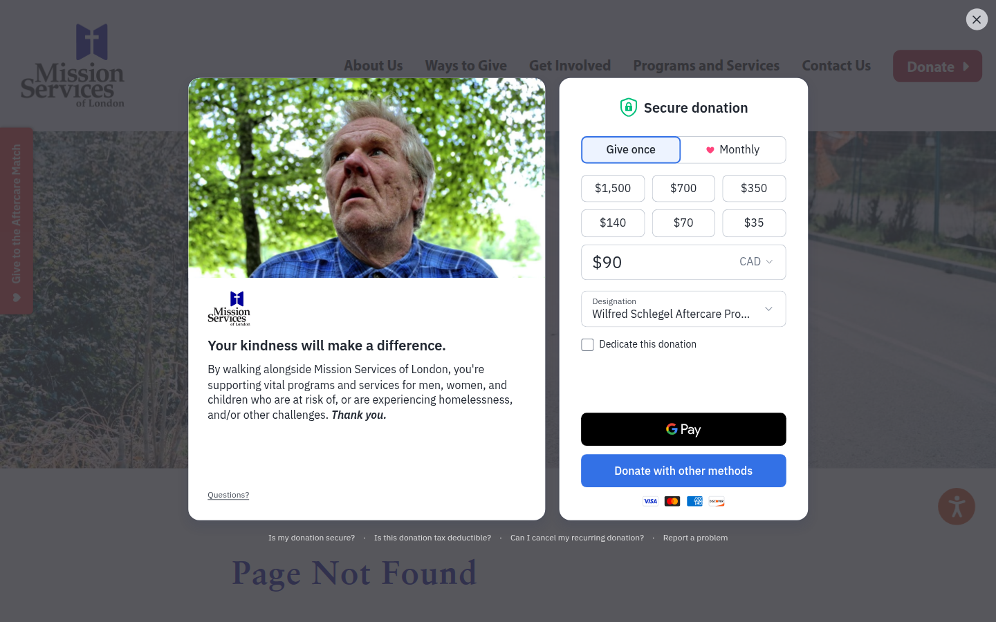 The Donate button opens a gift form on a page titled Page Not Found.