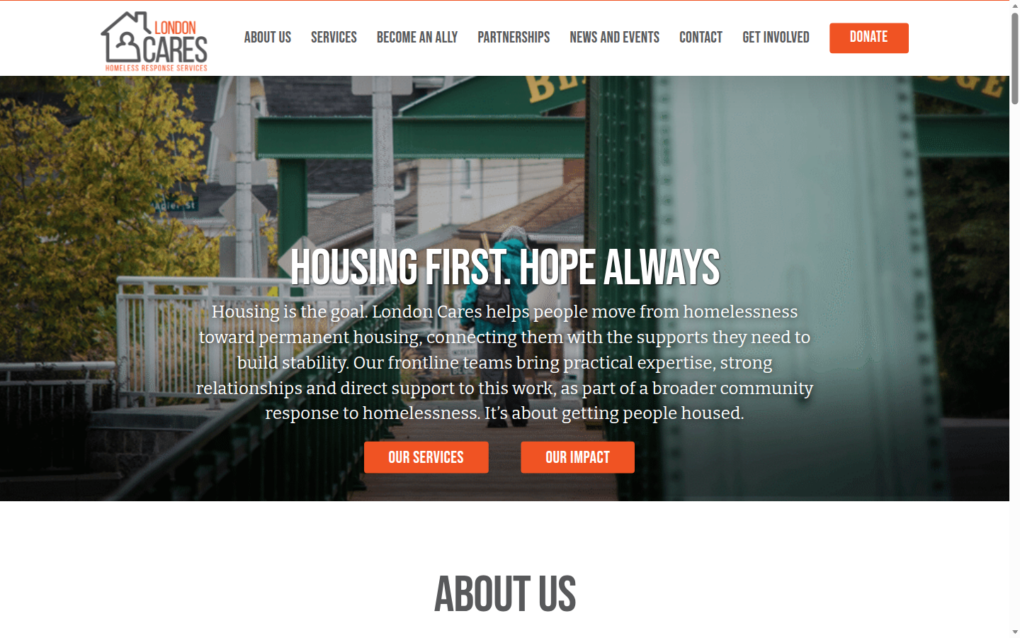 London Cares homepage, Donate in the top bar.